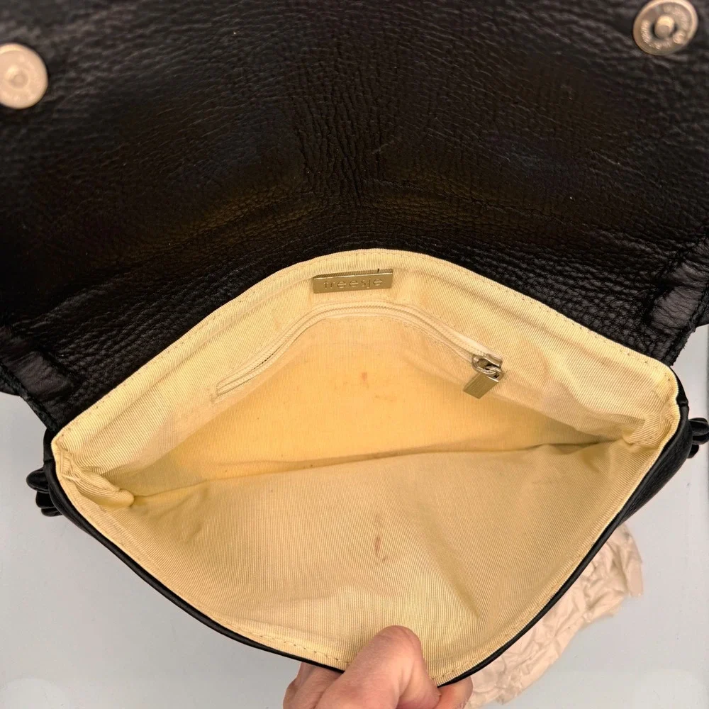 Treesje Leather Flap Clutch 80s‎ Inspired Handbag Black Ruffle Evening Bag